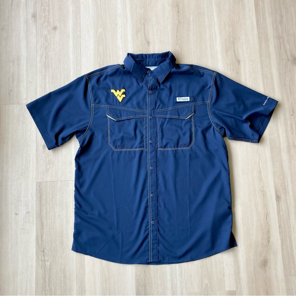 Columbia PFG Short Sleeve Fishing Shirt Blue WVU size M